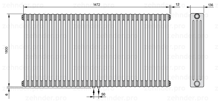 Схема (чертеж) Радиатор Zehnder Charleston 4180/32 №3470 Белый глянцевый RAL 9016